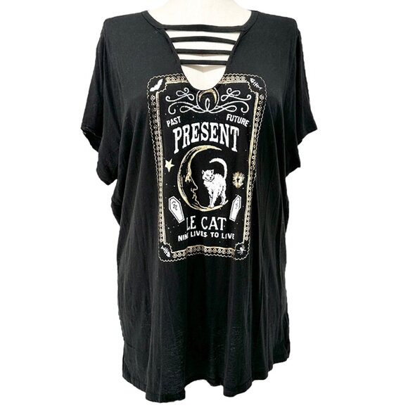 Torrid Size 3 Graphic Tee Womens 3X Le Cat Nine Lives Goth Strappy Keyhole Neck - Picture 1 of 9